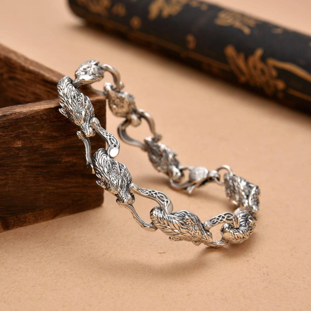 Men Accessories Ring And Bracelet - New Wolf Head Connected Bracelet With