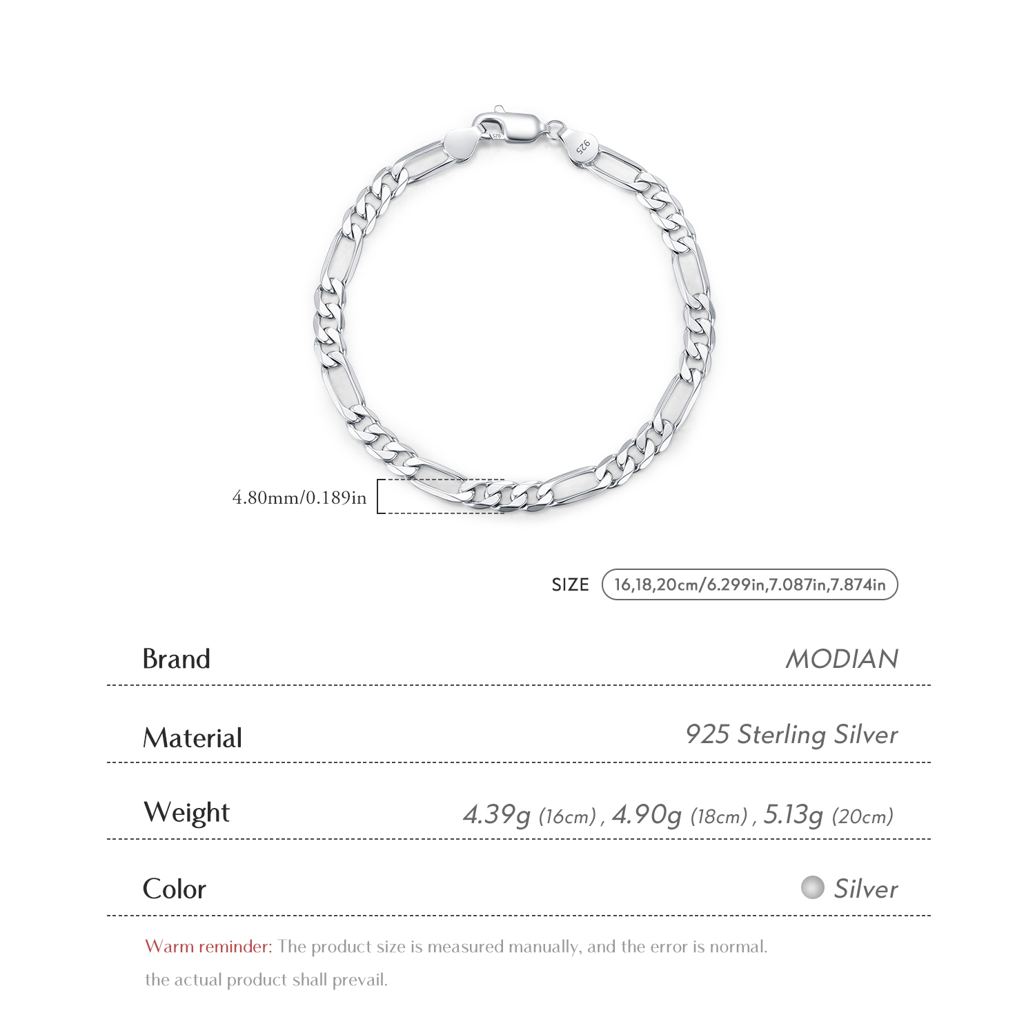 MODIAN 925 Sterling Silver 3 S - Men Accessories Chain And Bracelet ulasan dan harga